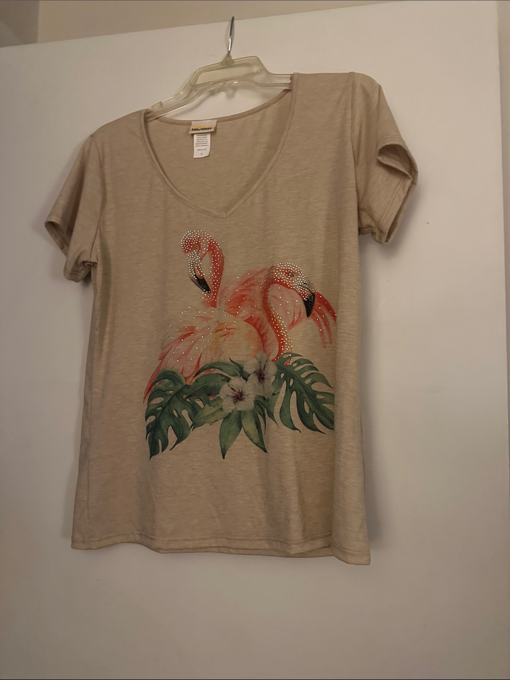 Beige V-Neck Flamingo Graphic Short Sleeve Tee - Women